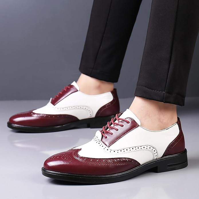 Men's Patchwork Two-Tone Brogue Oxford Shoes Hand-Stitched Leather Round-Toe Lace-Up Business Formal Derby Shoes Zevon
