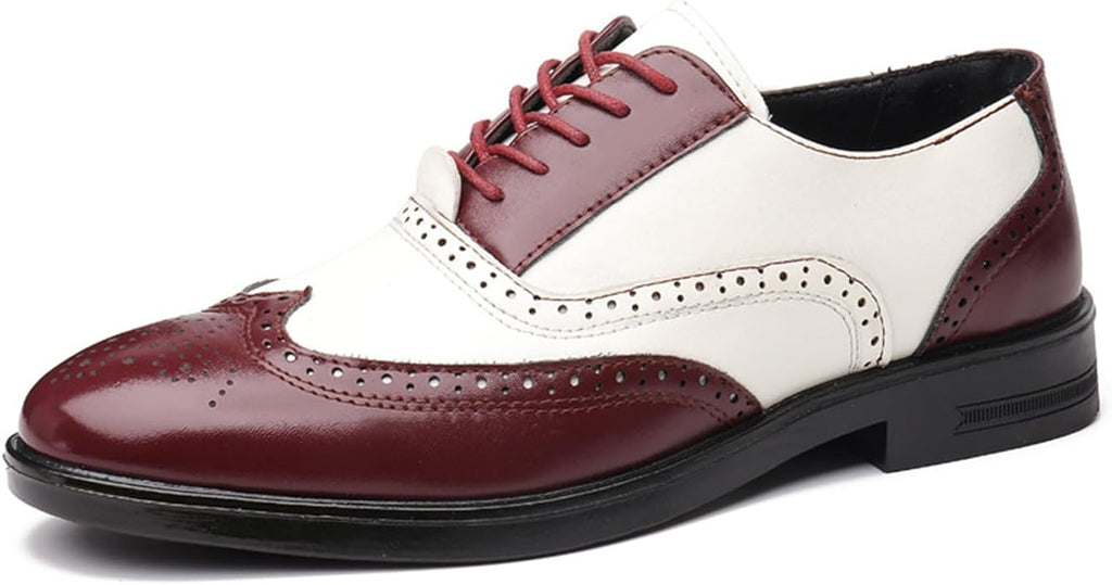 Men's Patchwork Two-Tone Brogue Oxford Shoes Hand-Stitched Leather Round-Toe Lace-Up Business Formal Derby Shoes Zevon