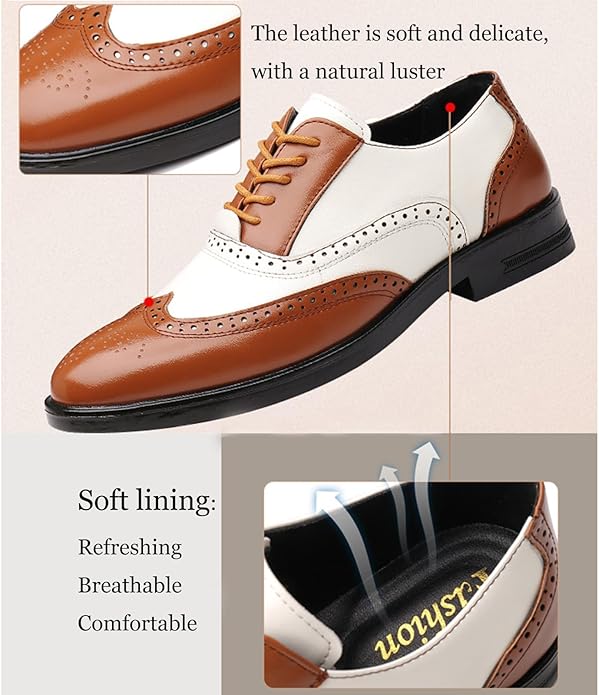 Men's Patchwork Two-Tone Brogue Oxford Shoes Hand-Stitched Leather Round-Toe Lace-Up Business Formal Derby Shoes Zevon
