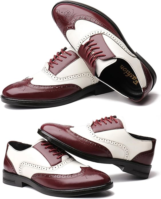 Men's Patchwork Two-Tone Brogue Oxford Shoes Hand-Stitched Leather Round-Toe Lace-Up Business Formal Derby Shoes Zevon