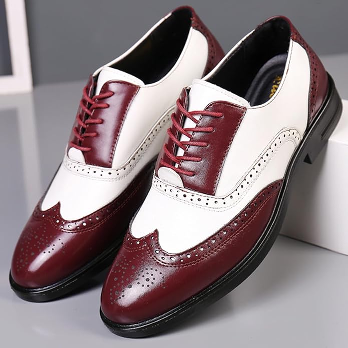 Men's Patchwork Two-Tone Brogue Oxford Shoes Hand-Stitched Leather Round-Toe Lace-Up Business Formal Derby Shoes Zevon